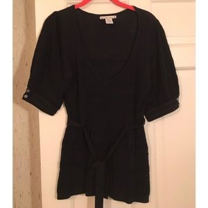 Nanette Lepore v-neck belted sweater with puff short sleeves.